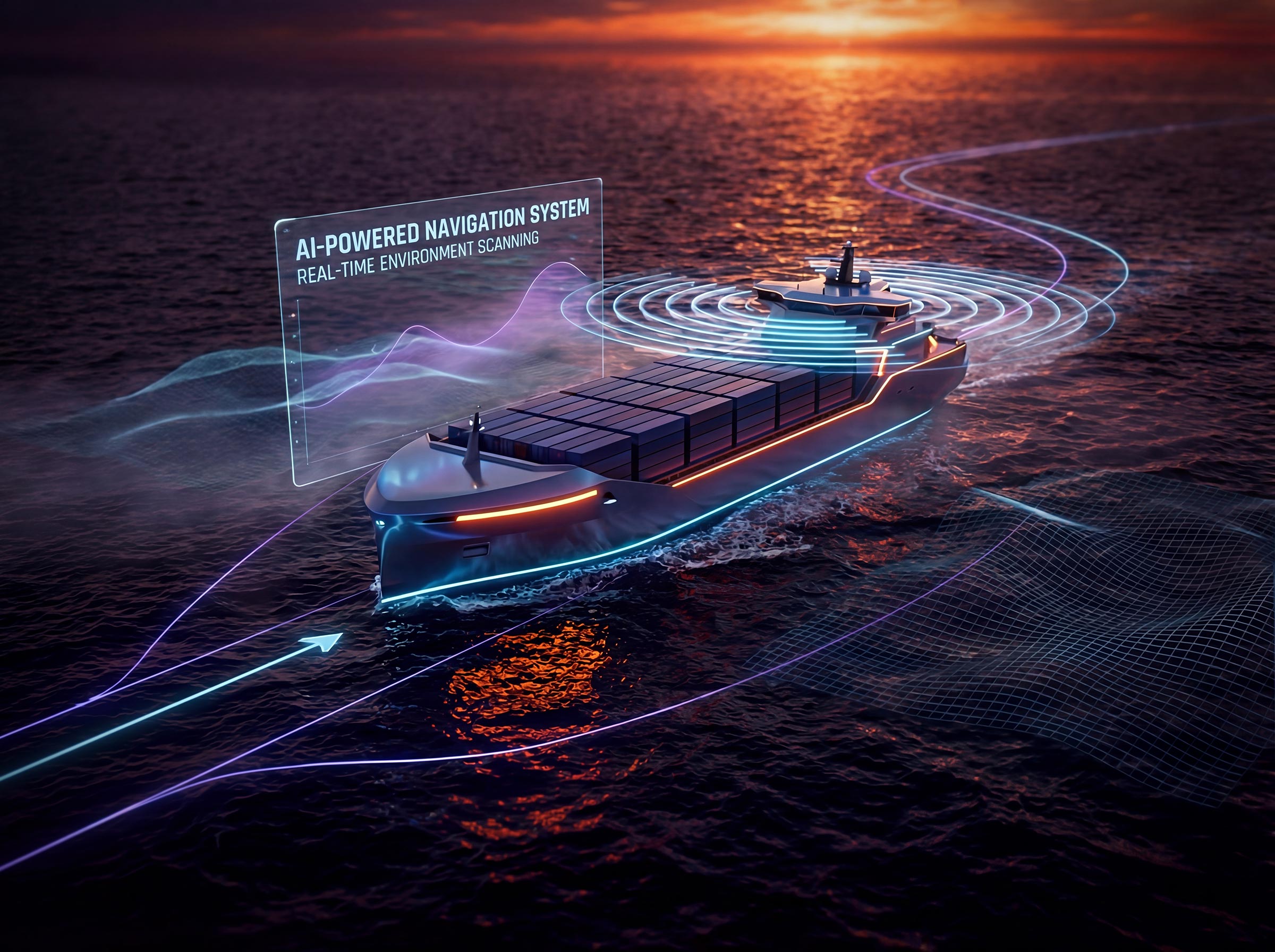 Futuristic autonomous cargo vessel navigating deep sea